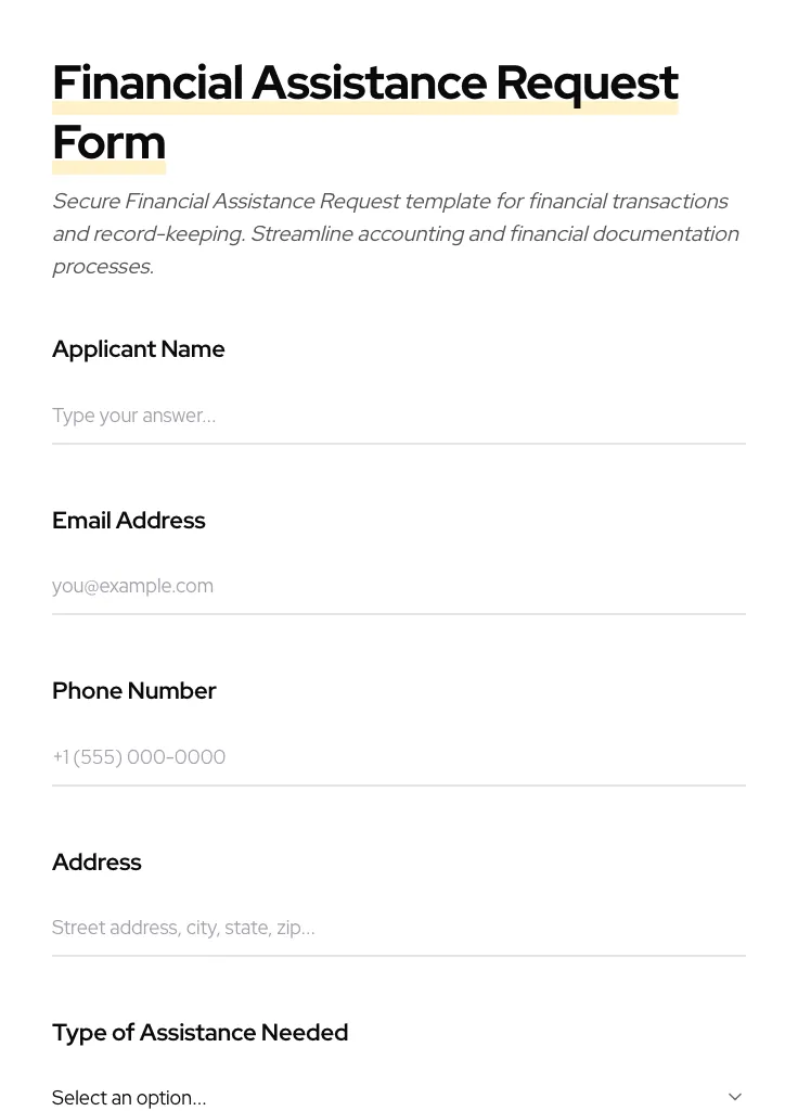 Financial Assistance Request preview