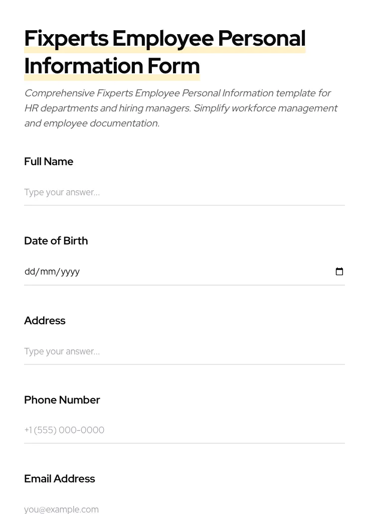 Fixperts Employee Personal Information preview