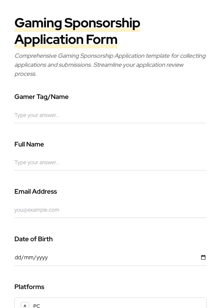 Gaming Sponsorship Application preview