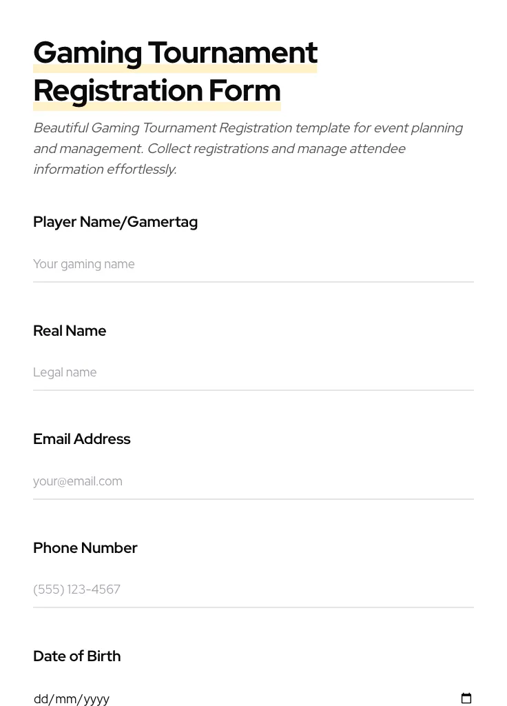Gaming Tournament Registration preview