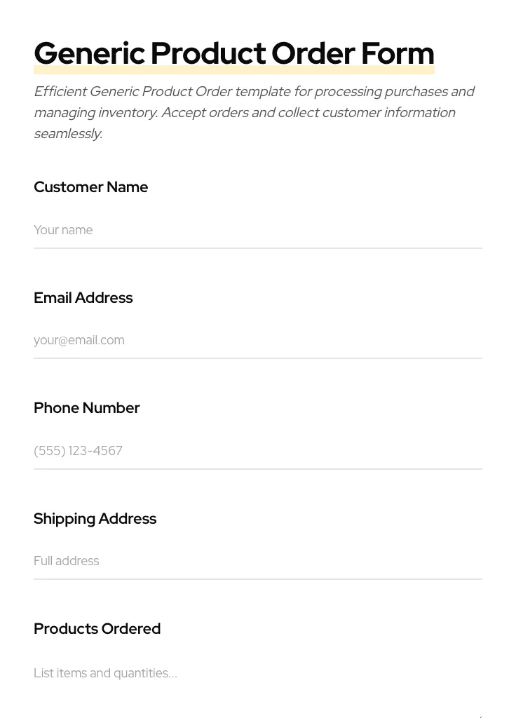 Generic Product Order preview