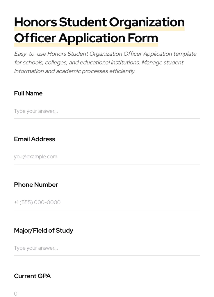 Honors Student Organization Officer Application preview