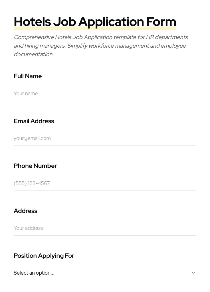 Hotels Job Application preview
