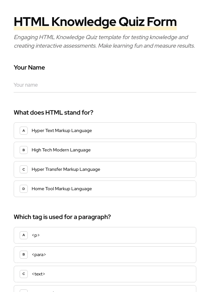 HTML Knowledge Quiz preview