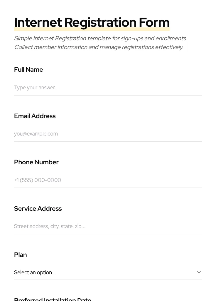 Internet Registration preview