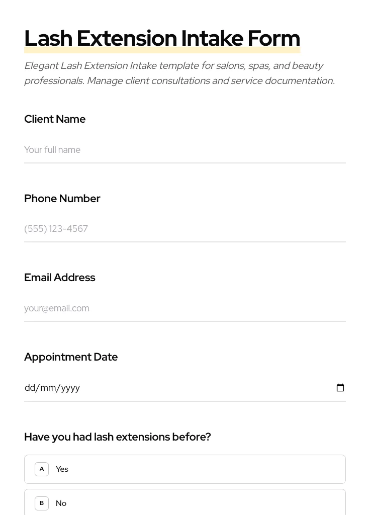 Lash Extension Intake preview