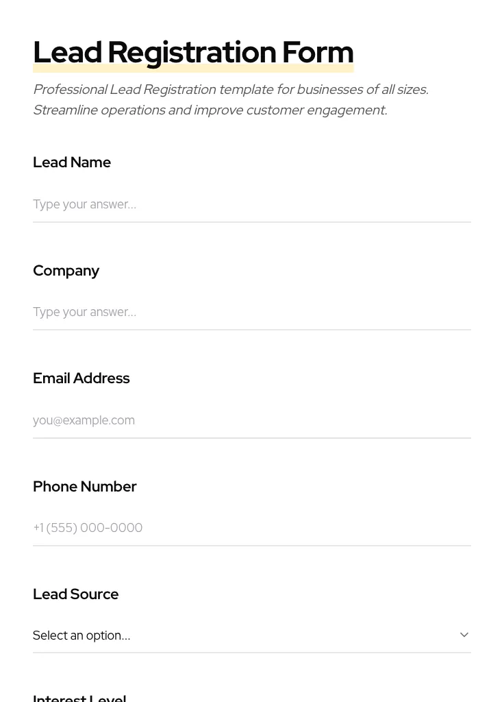 Lead Registration preview