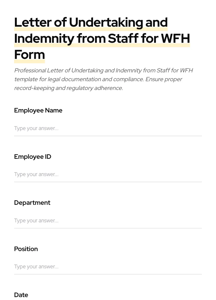Letter of Undertaking and Indemnity from Staff for WFH preview
