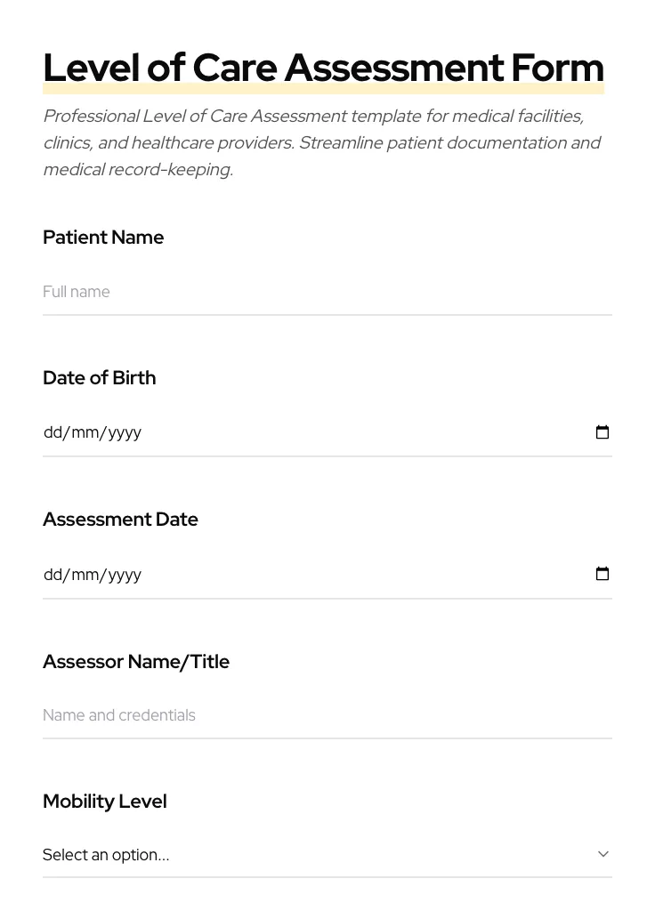 Level of Care Assessment preview