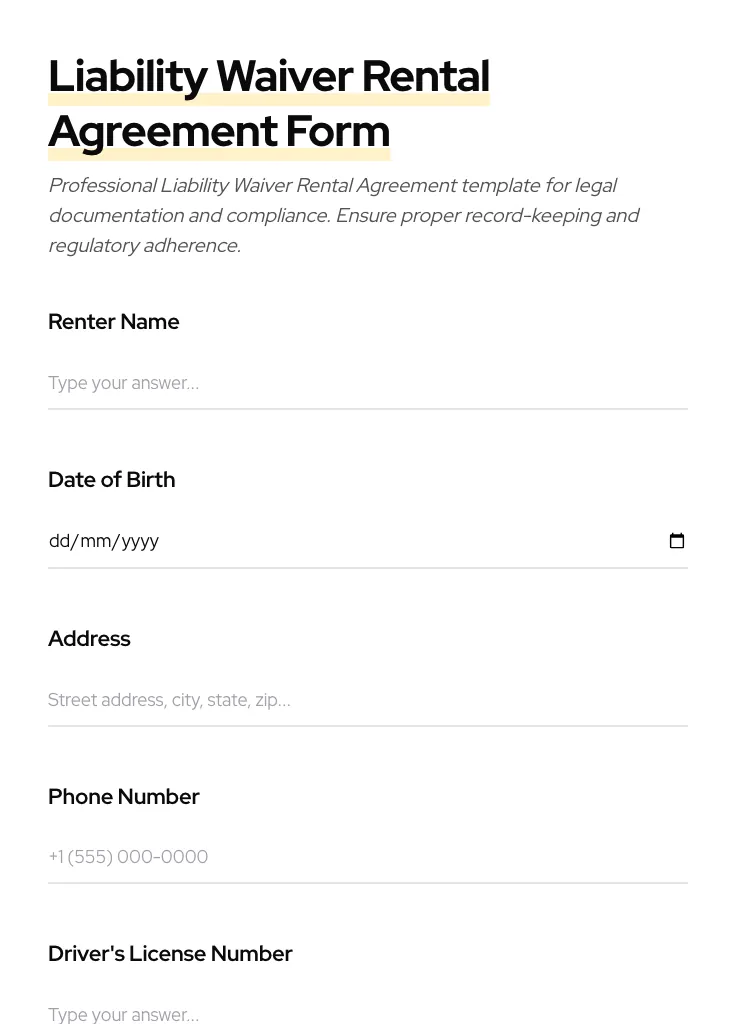 Liability Waiver Rental Agreement preview