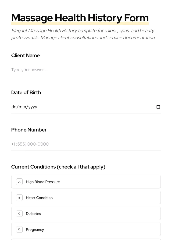 Massage Health History preview