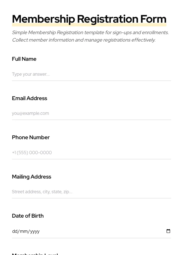 Membership Registration preview