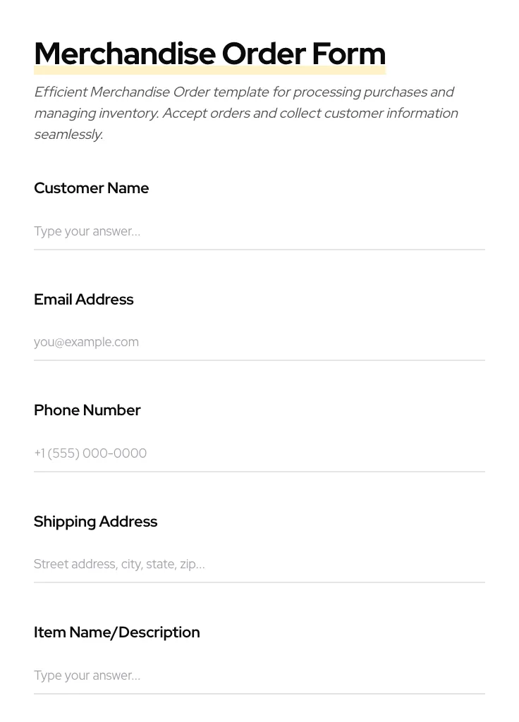 Merchandise Order preview