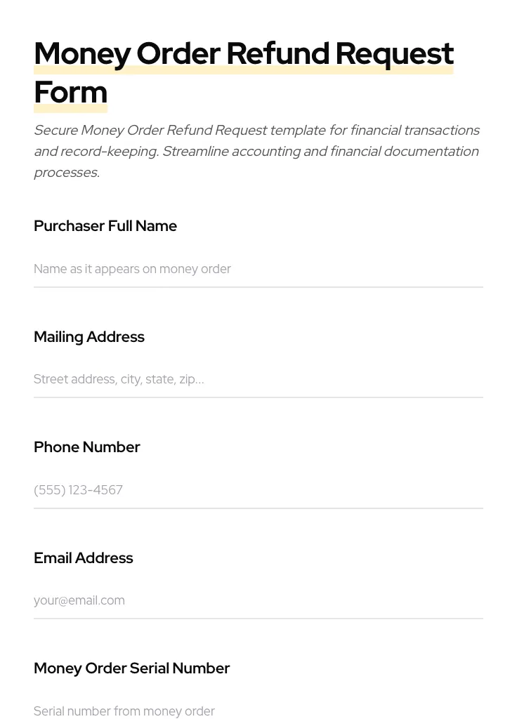 Money Order Refund Request preview