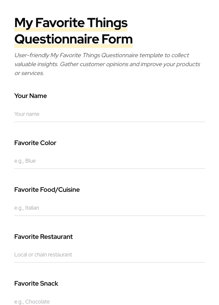 My Favorite Things Questionnaire preview