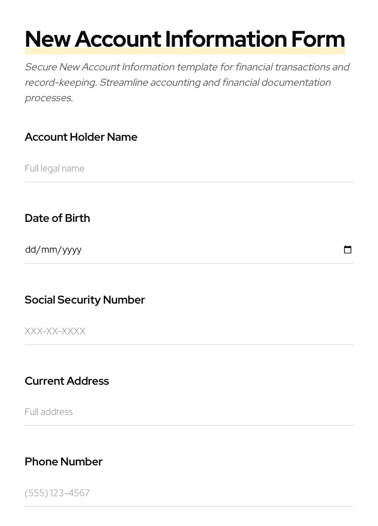 New Account Information preview