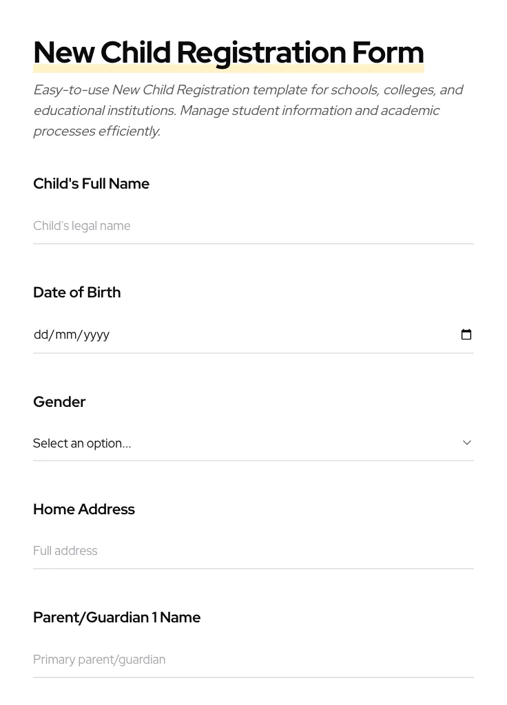 New Child Registration preview