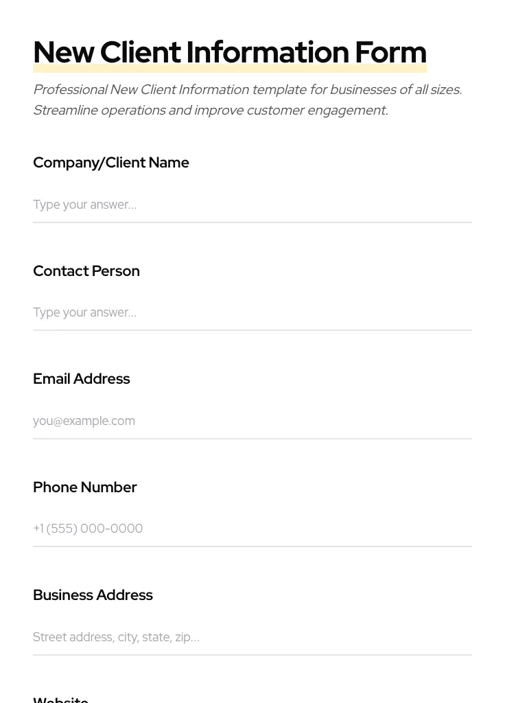 New Client Information preview