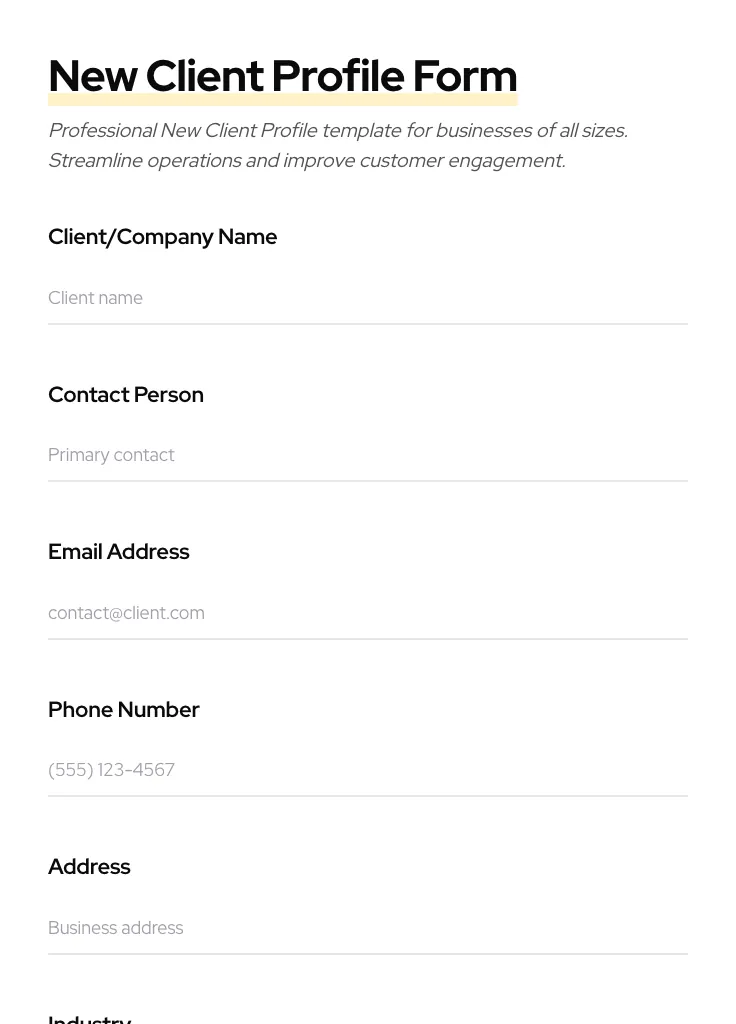 New Client Profile preview