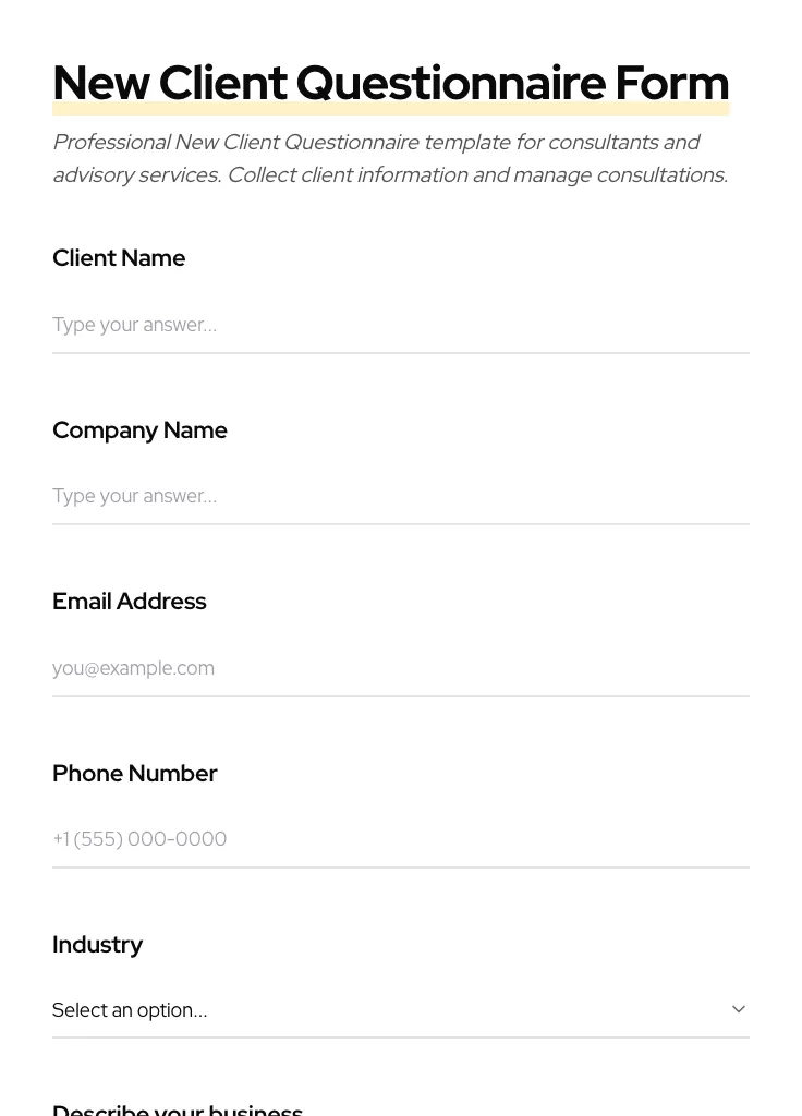 New Client Questionnaire preview