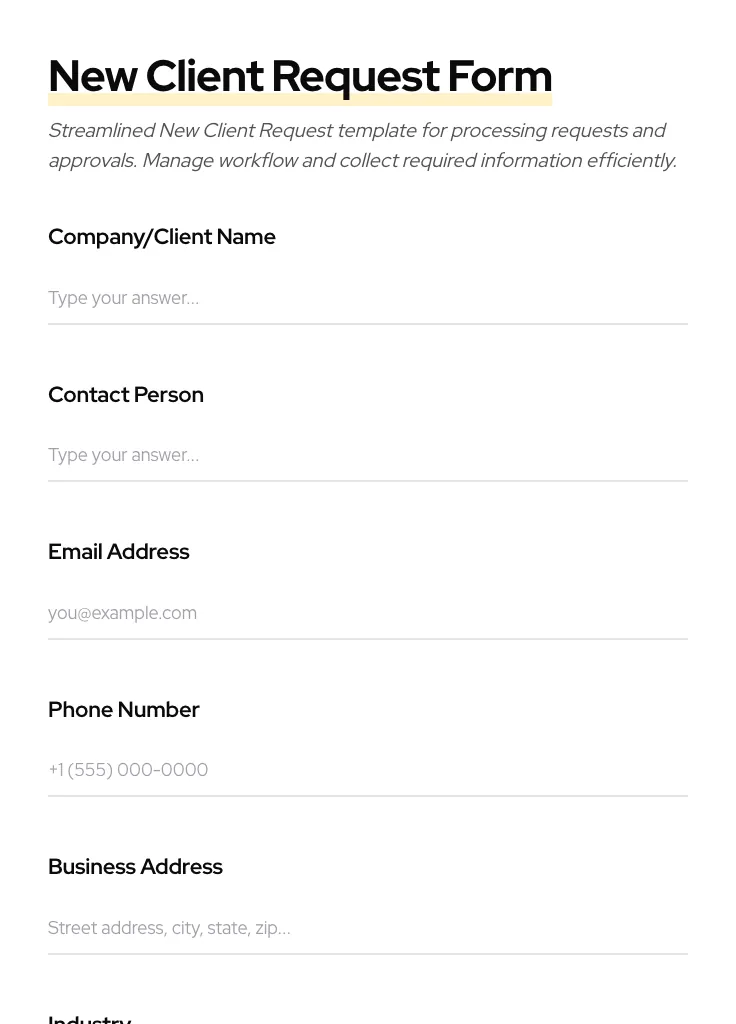 New Client Request preview