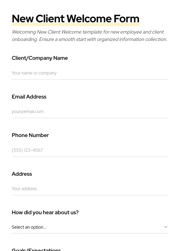 New Client Welcome preview