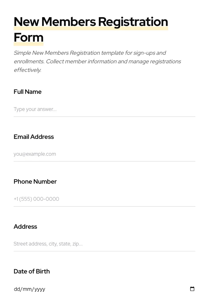 New Members Registration preview