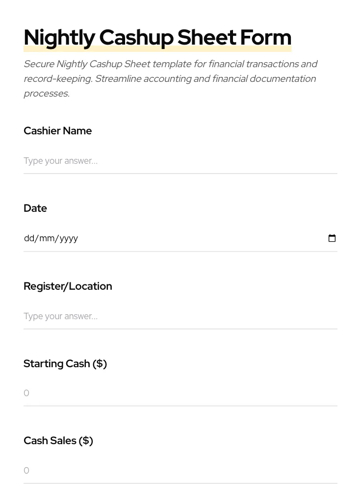 Nightly Cashup Sheet preview
