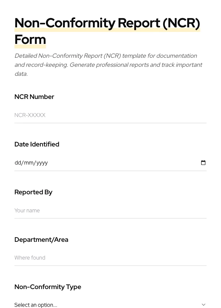 Non-Conformity Report (NCR) preview