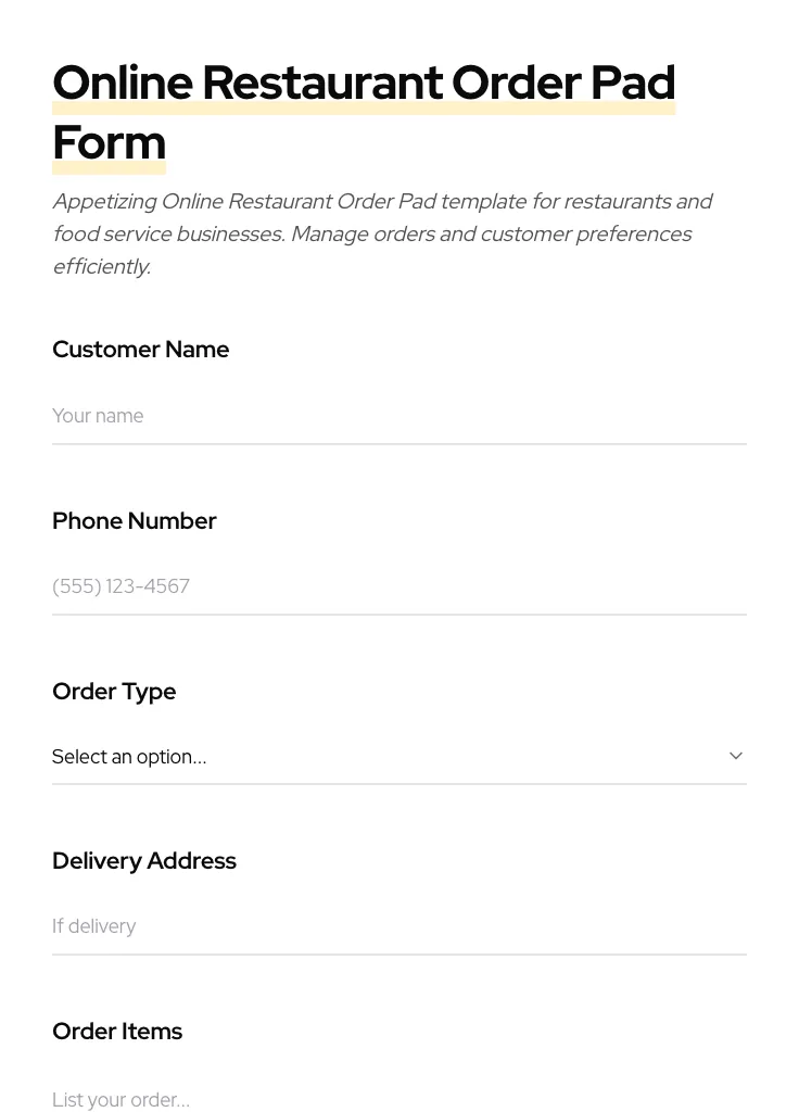 Online Restaurant Order Pad preview