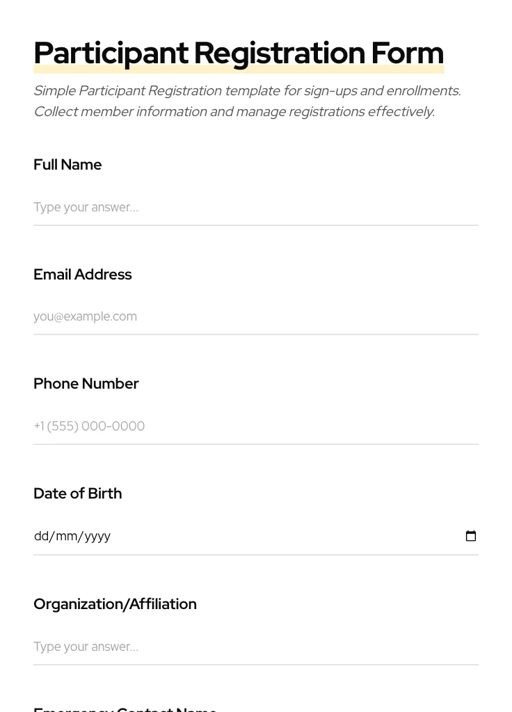 Participant Registration preview
