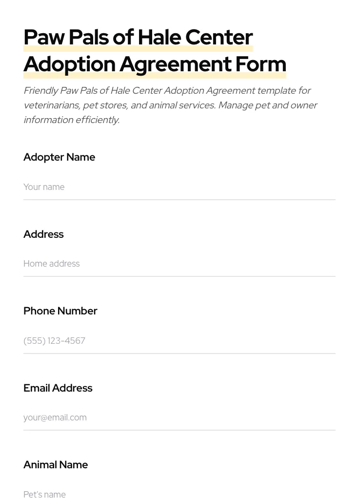Paw Pals of Hale Center Adoption Agreement preview