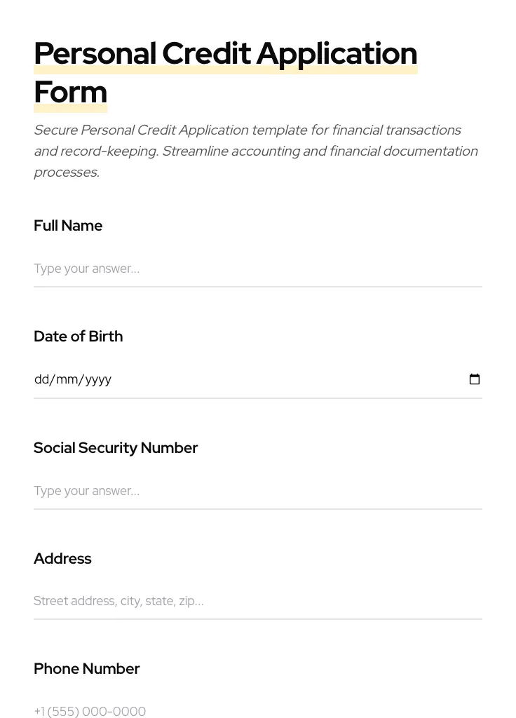 Personal Credit Application preview