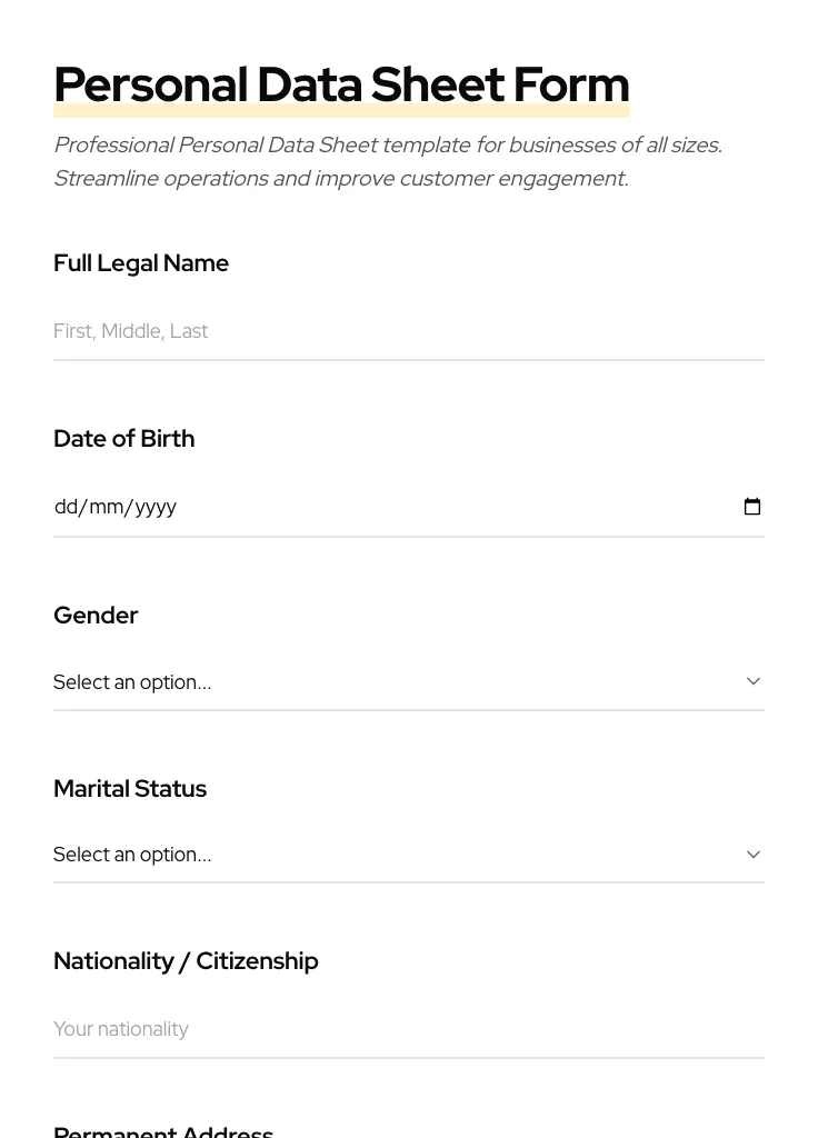 Personal Data Sheet preview
