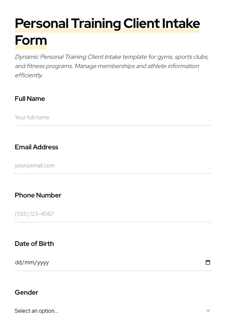 Personal Training Client Intake preview