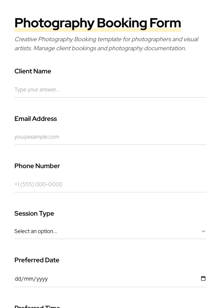 Photography Booking preview