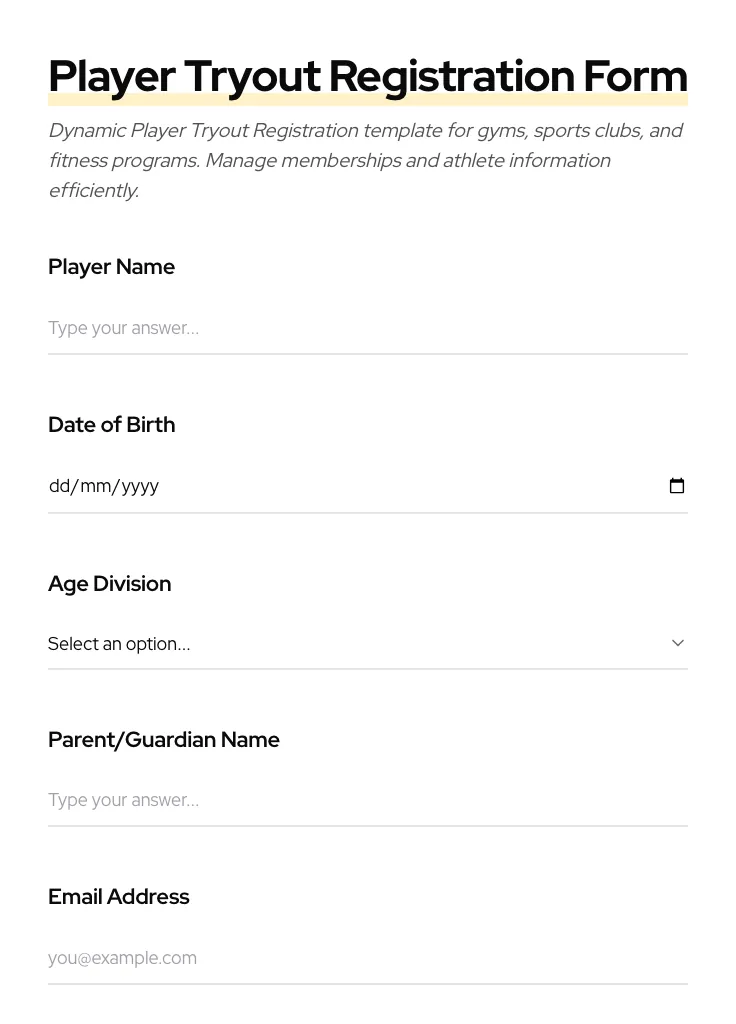Player Tryout Registration preview