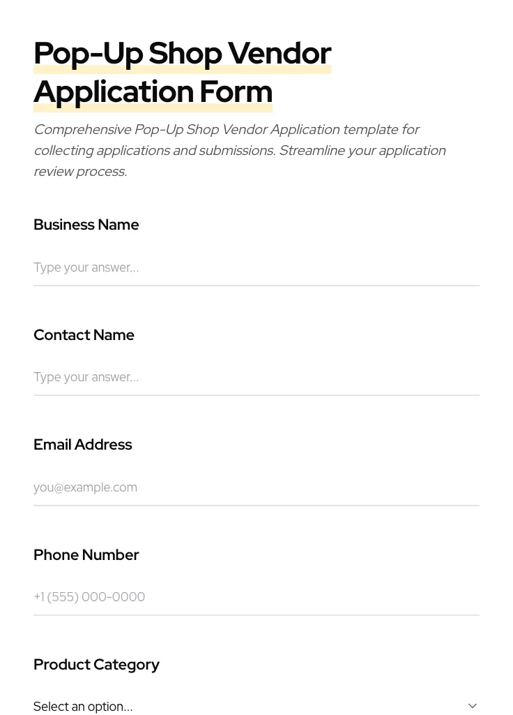 Pop-Up Shop Vendor Application preview