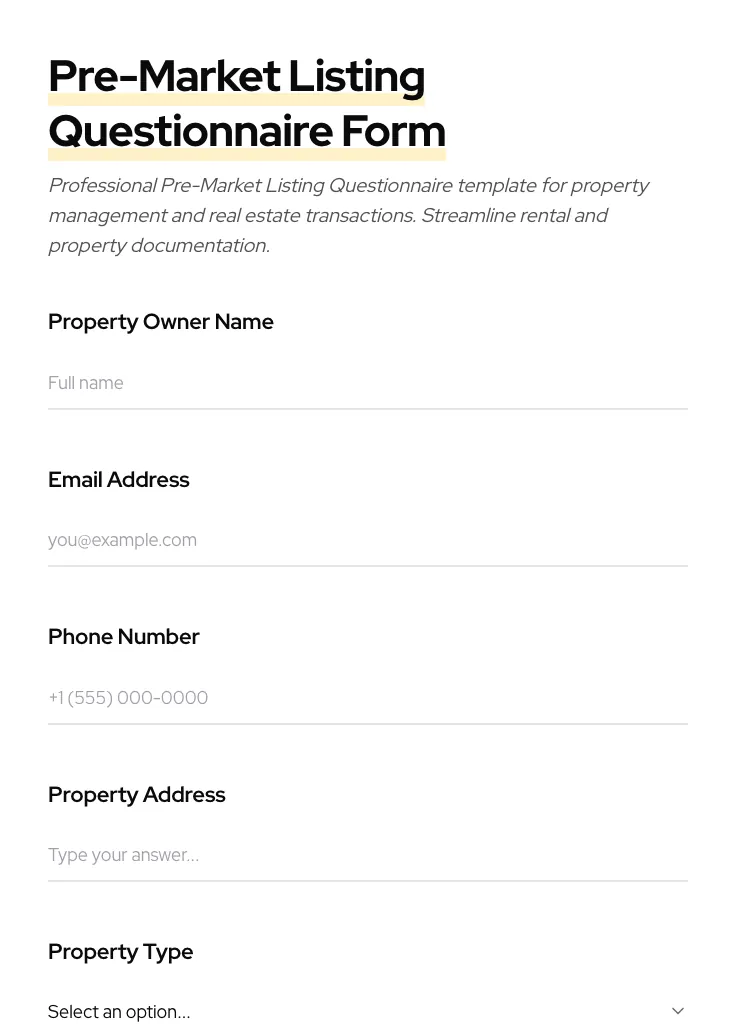 Pre-Market Listing Questionnaire preview
