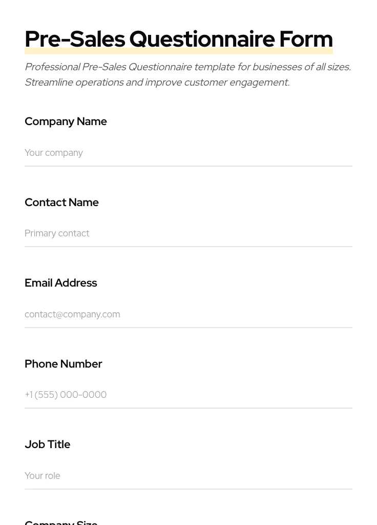 Pre-Sales Questionnaire preview