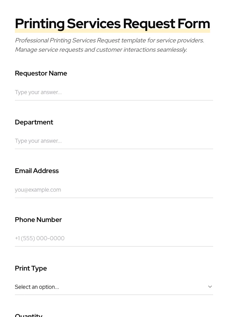 Printing Services Request preview