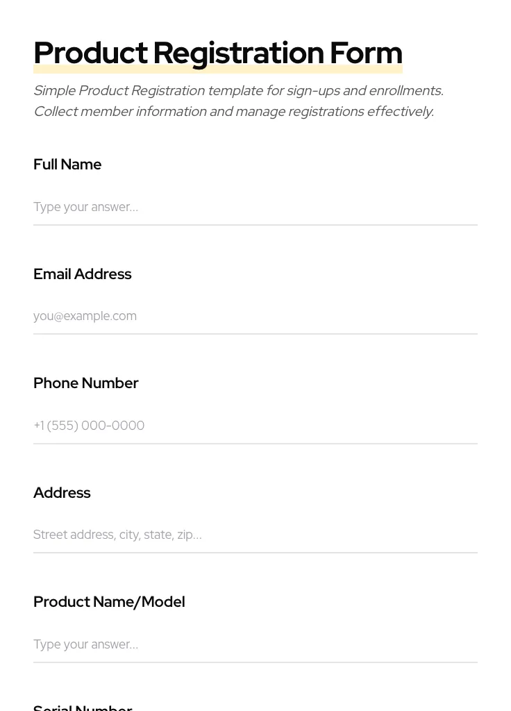 Product Registration preview