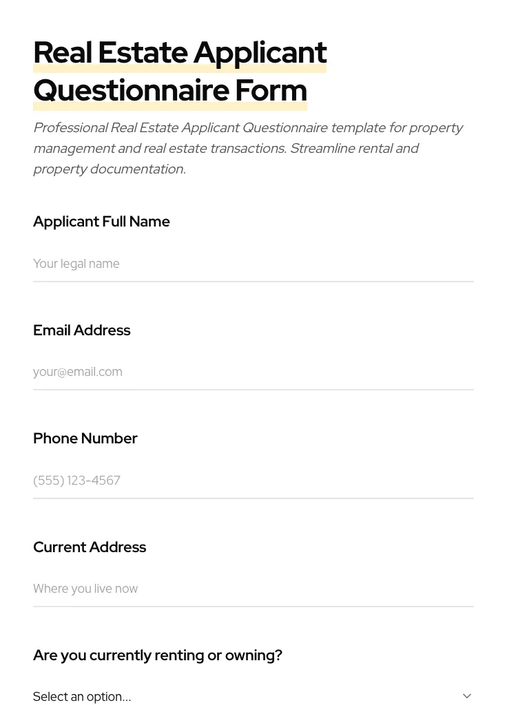 Real Estate Applicant Questionnaire preview