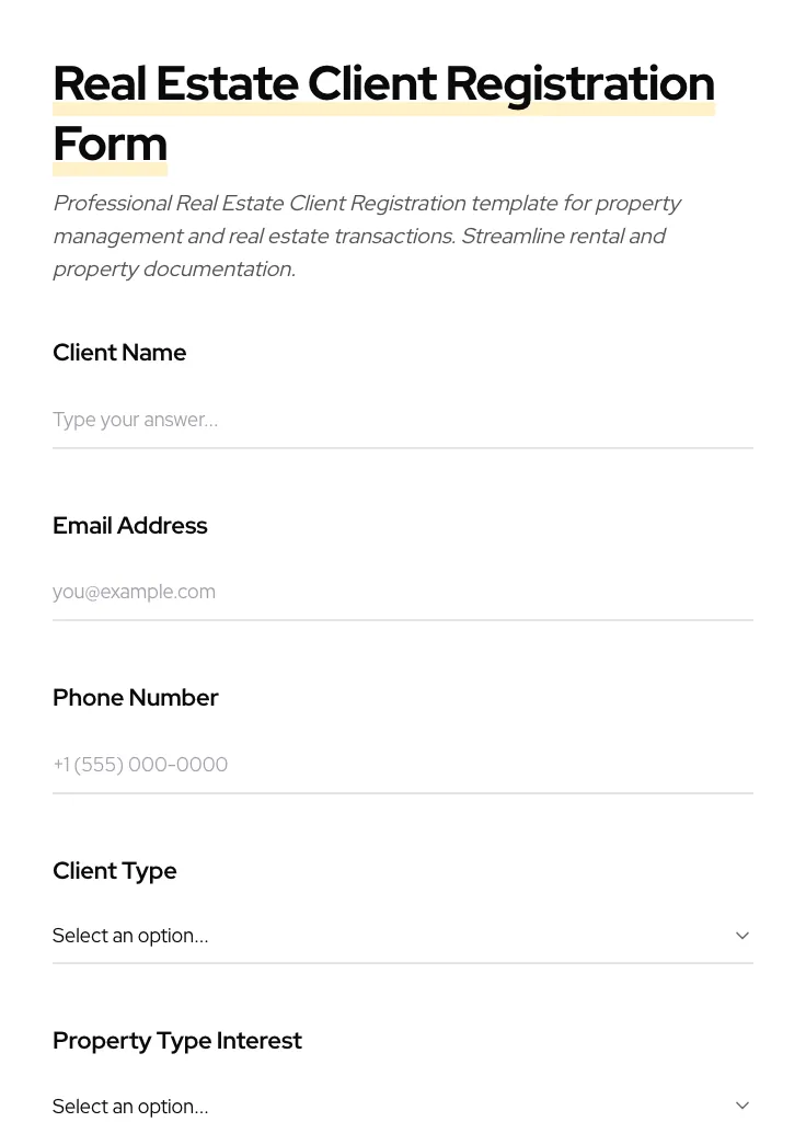 Real Estate Client Registration preview