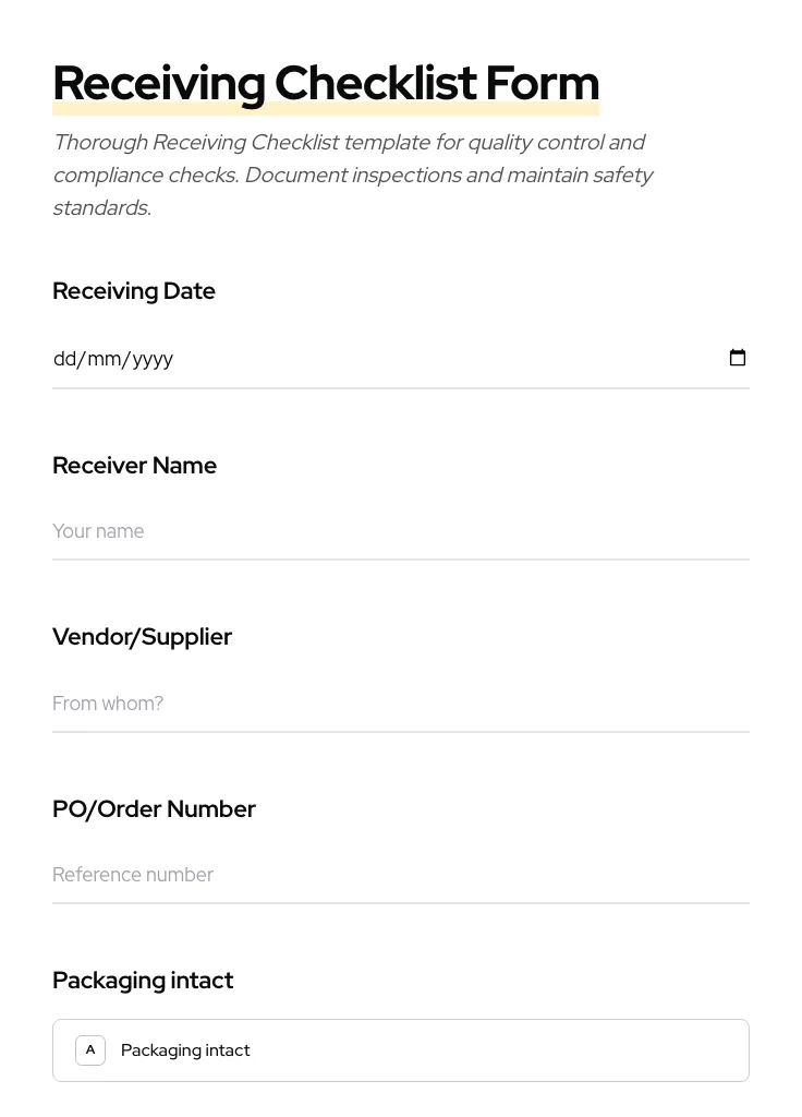 Receiving Checklist preview