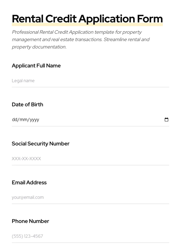 Rental Credit Application preview