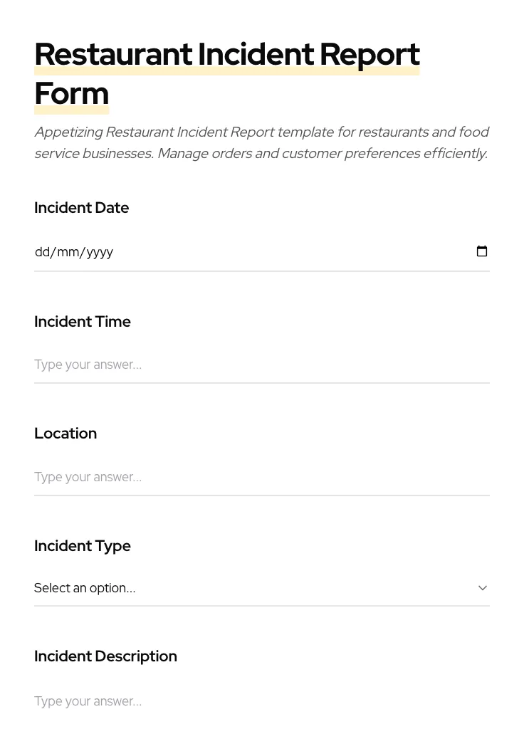 Restaurant Incident Report preview