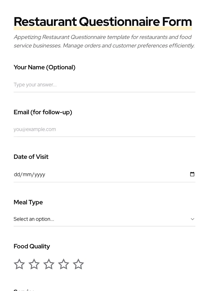Restaurant Questionnaire preview