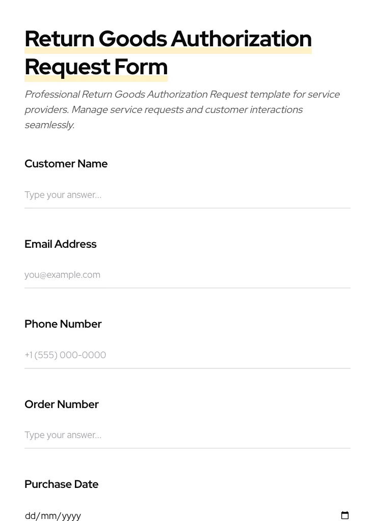 Return Goods Authorization Request preview