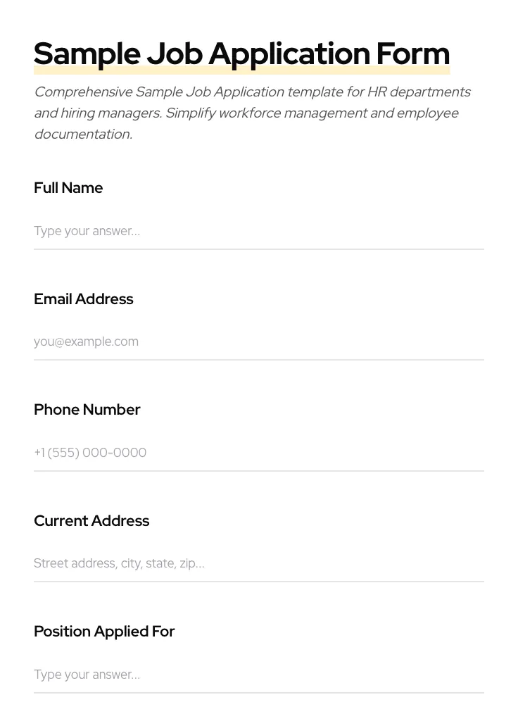 Sample Job Application preview